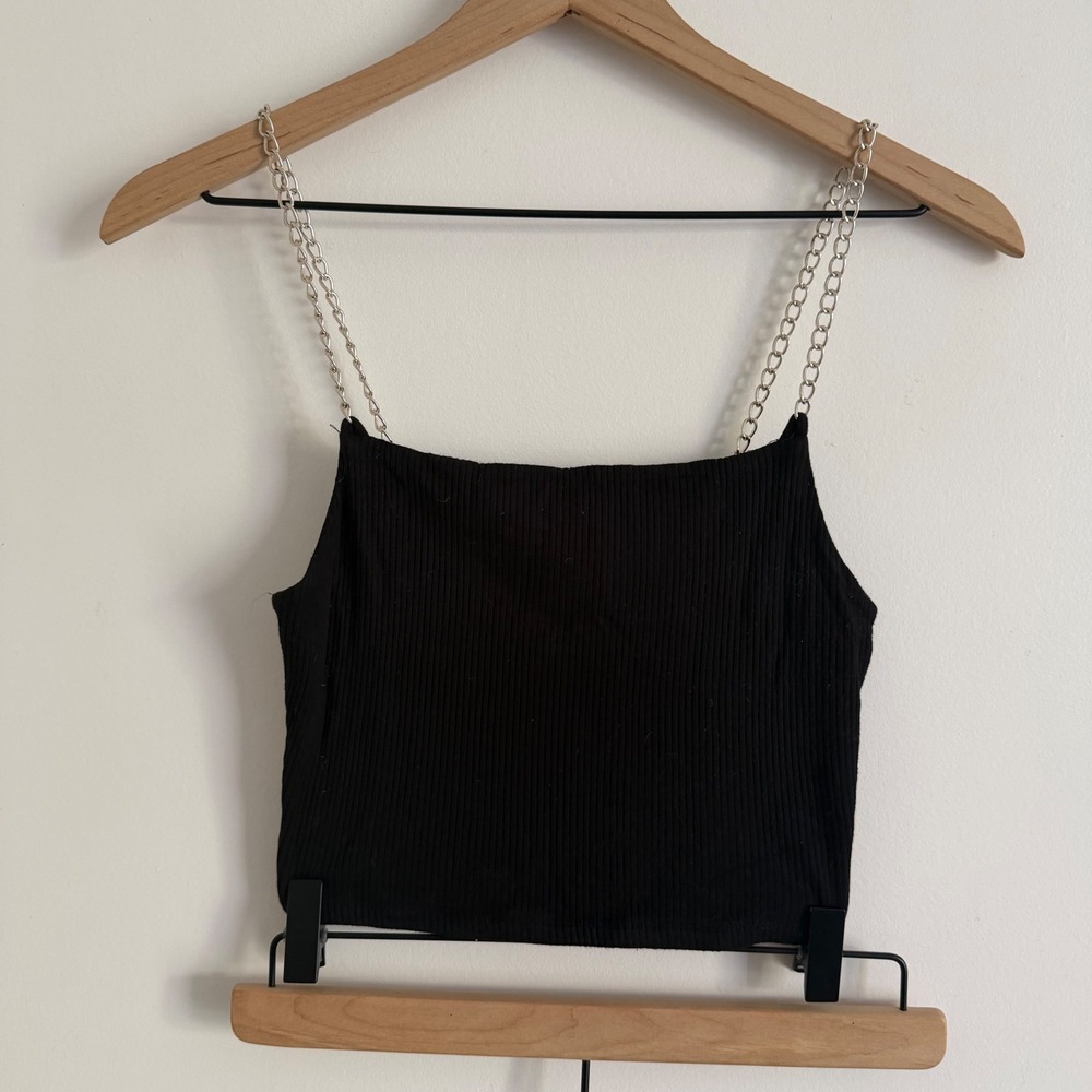 Black Ribbed Knit Chain Strap Cami Crop Top Whimsygoth Festival Punk